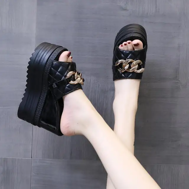 Slippers Casual Shoes On A Wedge Platform Slides Women Heels Pantofle Luxury Soft High 2024 Summer Fashion PU Fabric Leisure