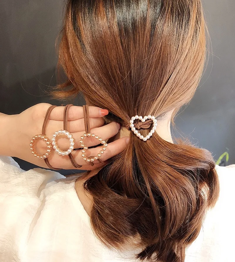 8Pcs/Lot DIY Brown/White Pearl Rubber Bands Double-Deck Heart Circle Elasticity Hair Rings Styling Tools Accessories HA646