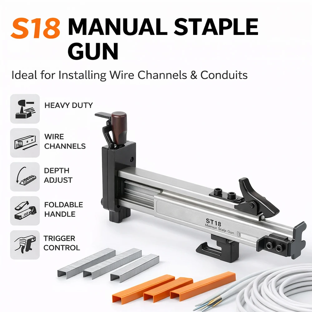 S18 Manual Nail Gun, Wire Slot Staple Tool, Steel Nail Tool for Carpentry, Home Decoration, Includes Stand For Easy