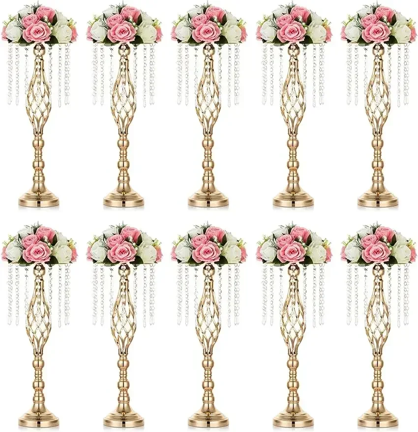 Nuptio 10 Pcs Crystal Flower Stand Wedding Centerpieces for Tables, 21.7in/55cm Tall Elegant Metal Flower Arrangement