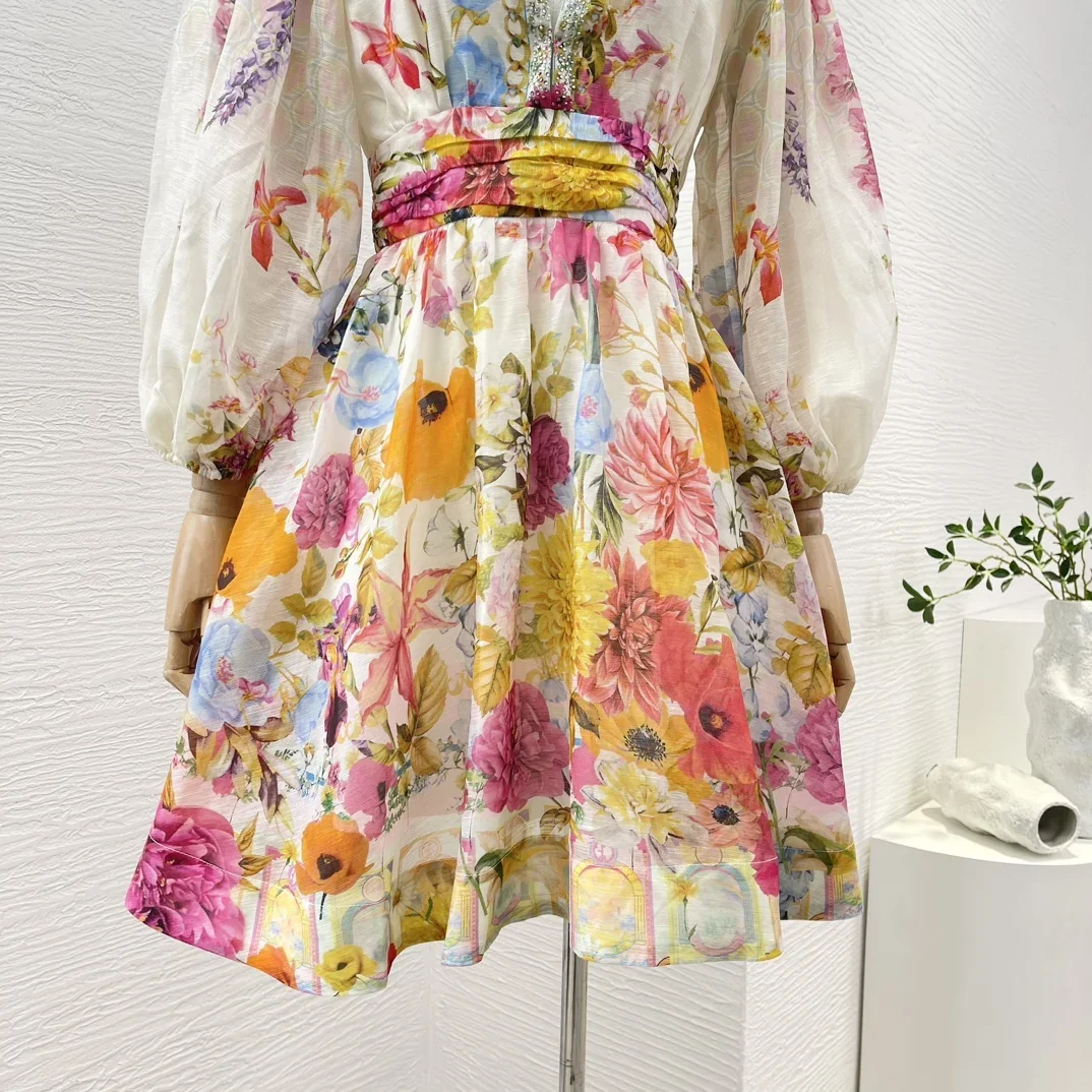 Mulheres de manga comprida decote em V com estampa floral mini vestido, elástico de linho, multicolor, diamantes pressionados, shirred, alta qualidade, novo