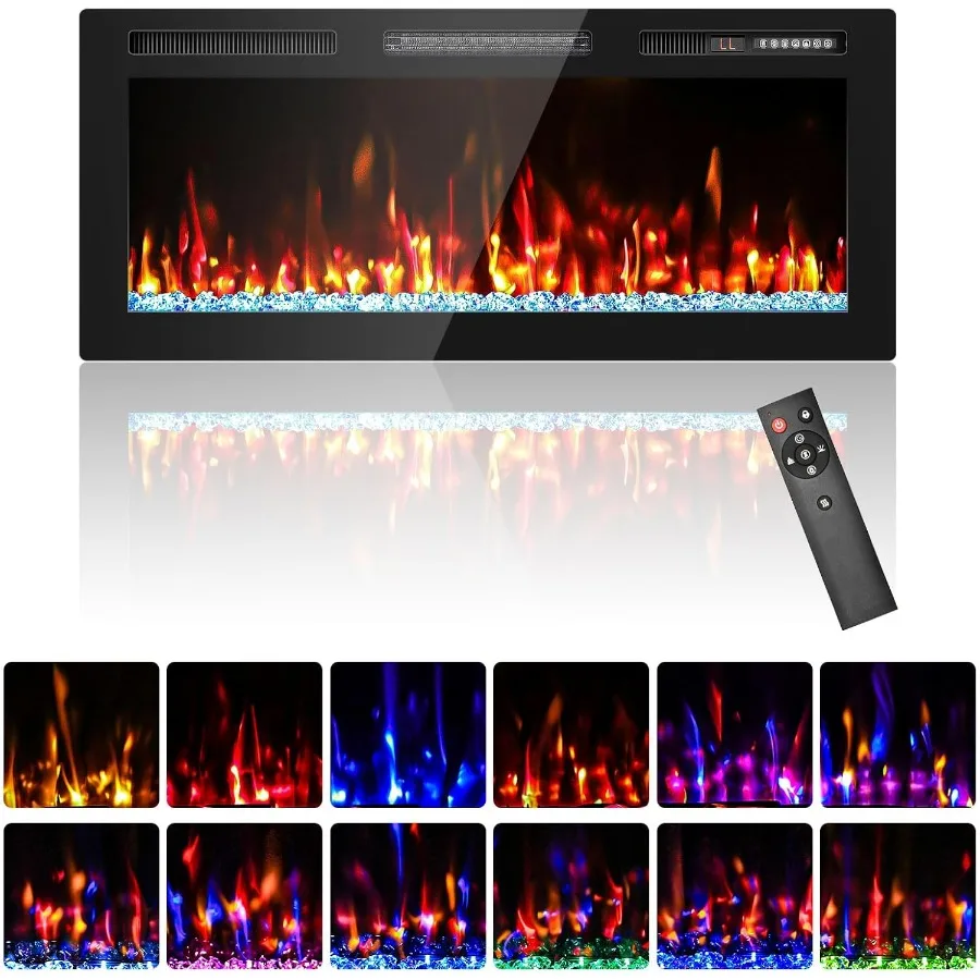 

42 Electric Fireplace Recessed Wall Mounted Wide Screen Ultra Narrow Bezel Frame HD Flame Effect Crystal Fuel Bed Modern Fire P