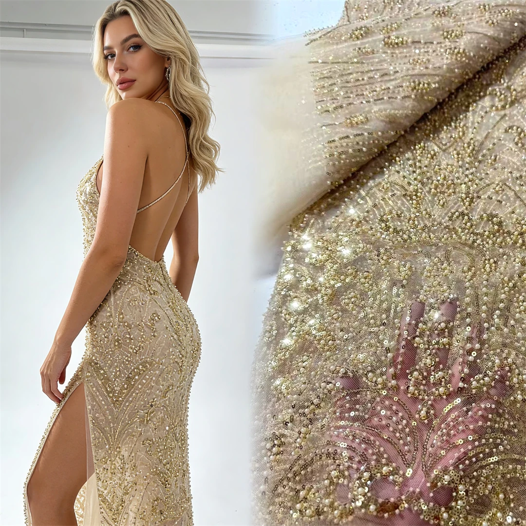 

Luxury Floral Design Fabric Handmade Embroidery Tulle Lace Full Beads Sequin For Sewing High-end New Women Wedding Dress