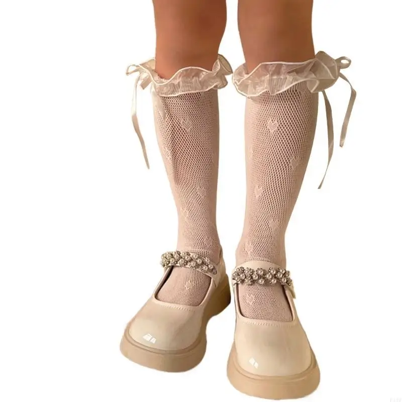 

F19F AntiSlip Mesh Socks Little Girl Stretchy KneeHigh Socks Kids MidCalf Mesh Socks