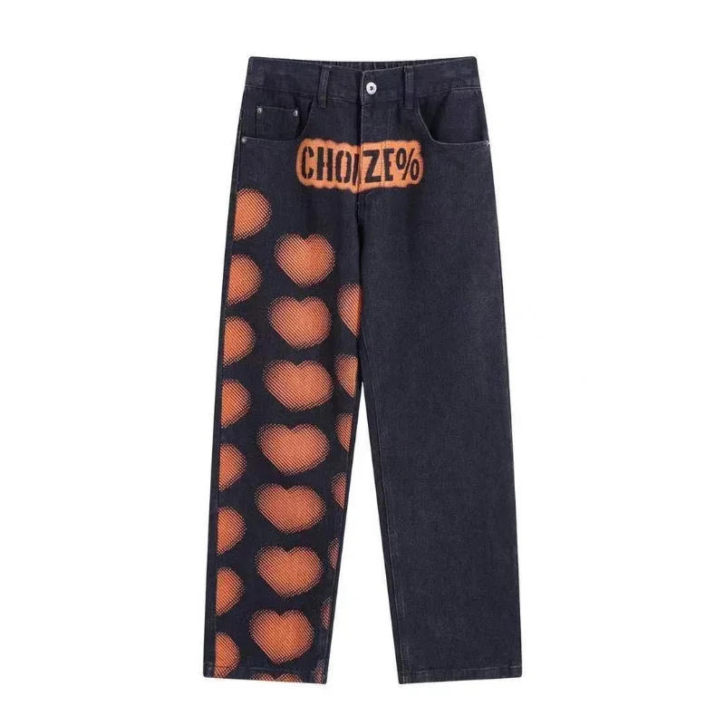 2023 High Street Love Graffiti Straight Pants Men and Women Jeans Hip Hop Jeans Skateboard Pants Vintage Streetwear  Y2k Jeans