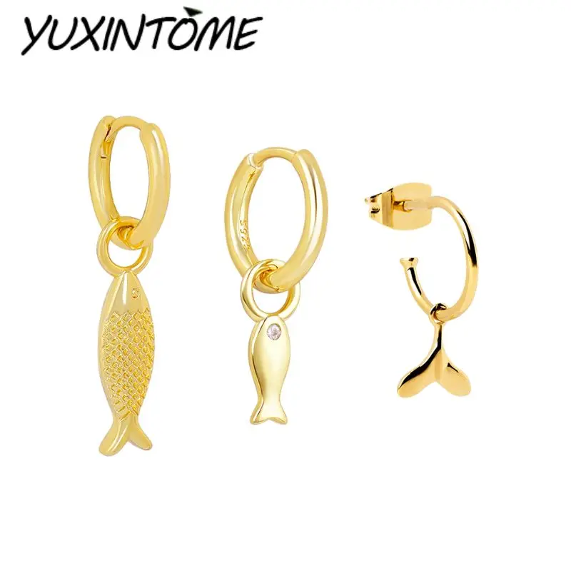 

925 Sterling Silver Ear Needle Exquisite Cute Little Fish Pendant Earrings Women's Light Luxury Fashion Hoop Earrings Jewelry