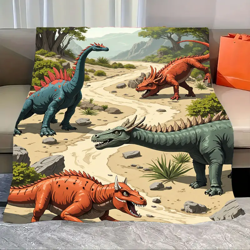 

1pc Flannel Blanket Dinosaur Adventure Blanket - Vibrant Prehistoric Scene for Kids