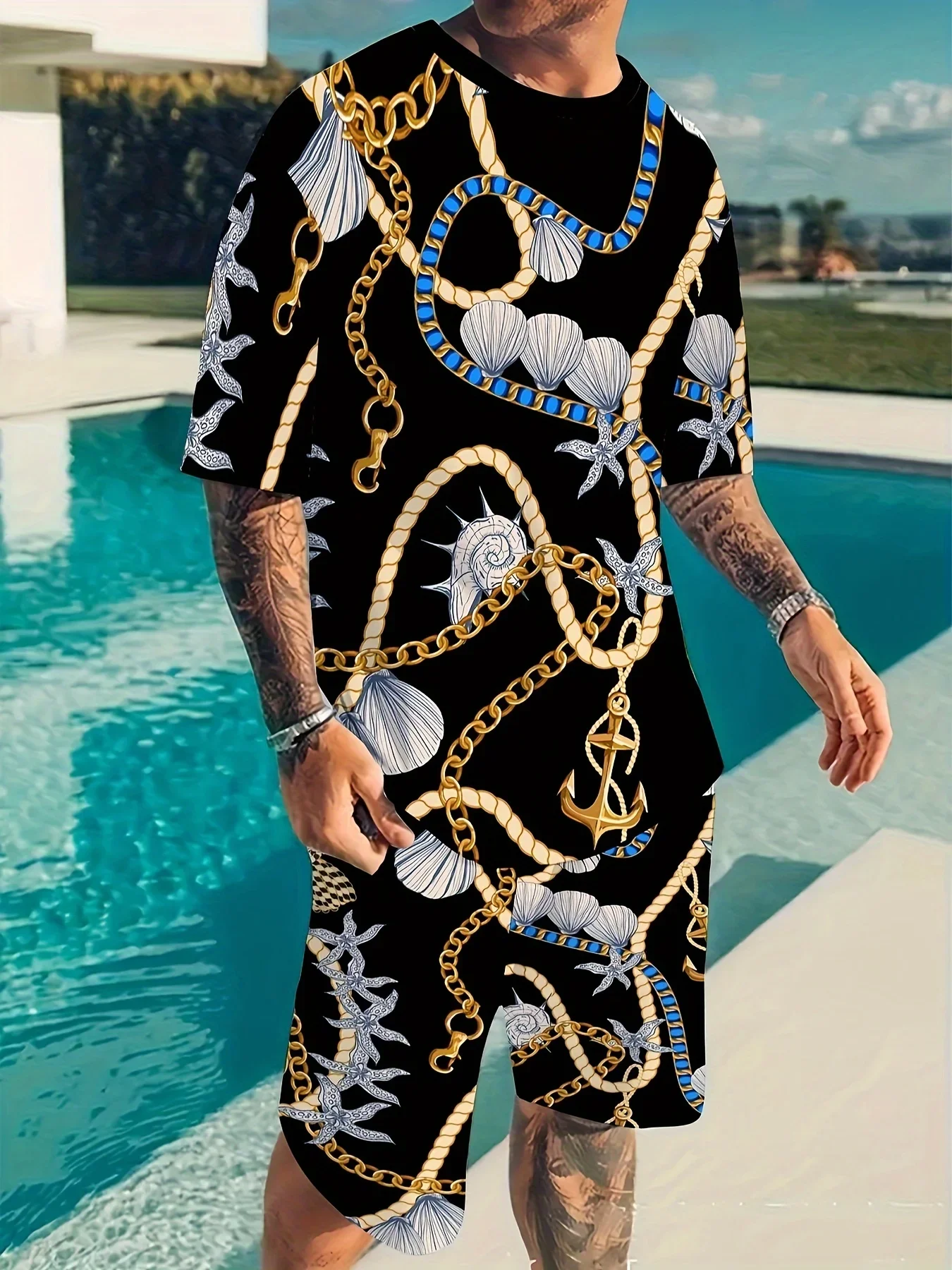 

Модный костюм из 2 предметов, мужская слегка эластичная футболка с рисунком ракушки и морской звезды и удобные шорты