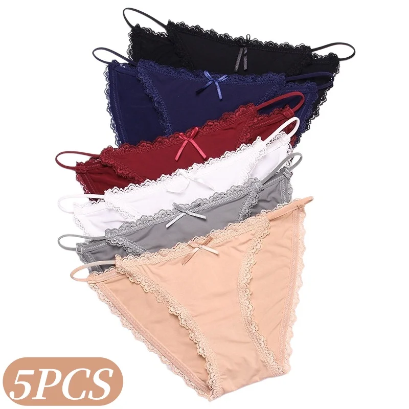 5Pcs/Set Ice Silk Panties Women Lace Trims Underwear Low Rise Briefs Ladies Brazilian Panties Solid Color Sexy Lingerie M-XL