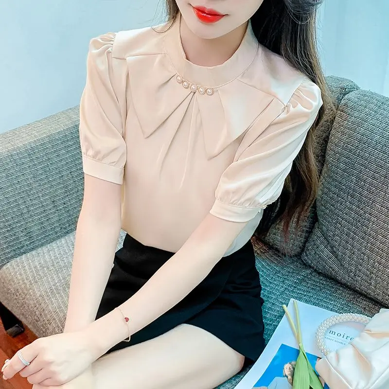 

Women's Loose ort Sve Stand Collar Silk irt Summer New Sle Satin Blouse Versatile Top Bubble Sve Lace irt