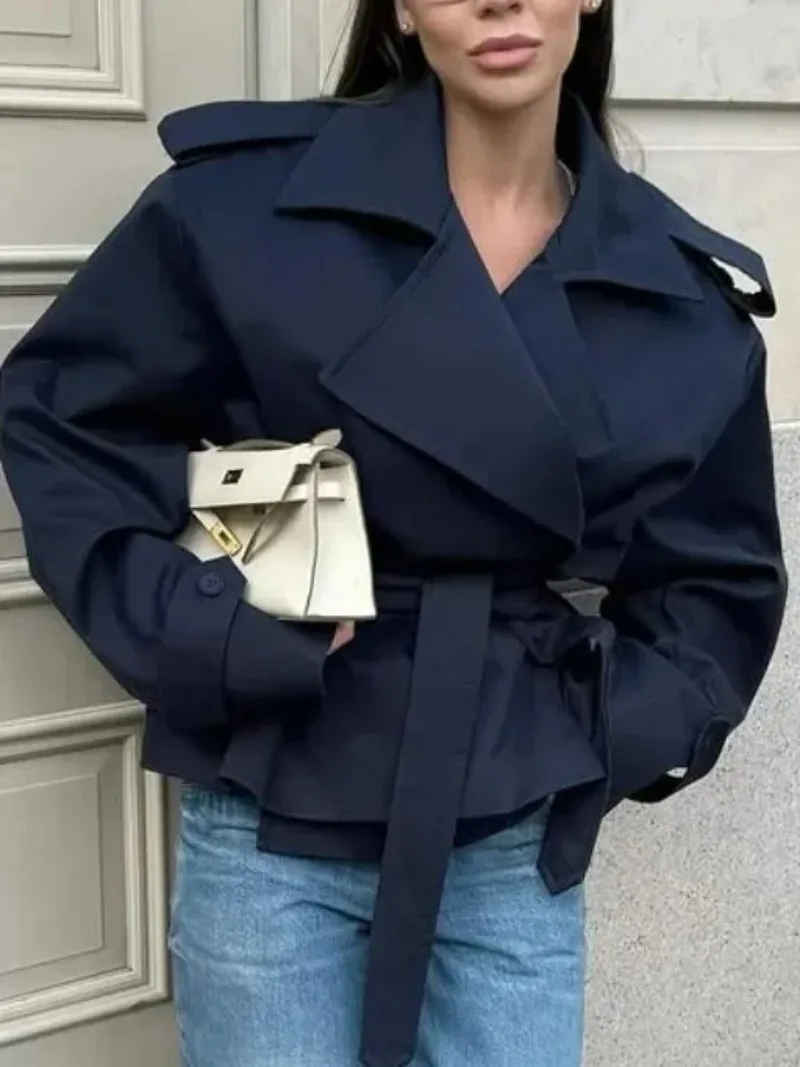 

Женский свободный тренч на шнуровке, модный, с длинными рукавами, отложным воротником, широкими плечами, оверсайз, ветровка, для повседневной носки и уличного стиля