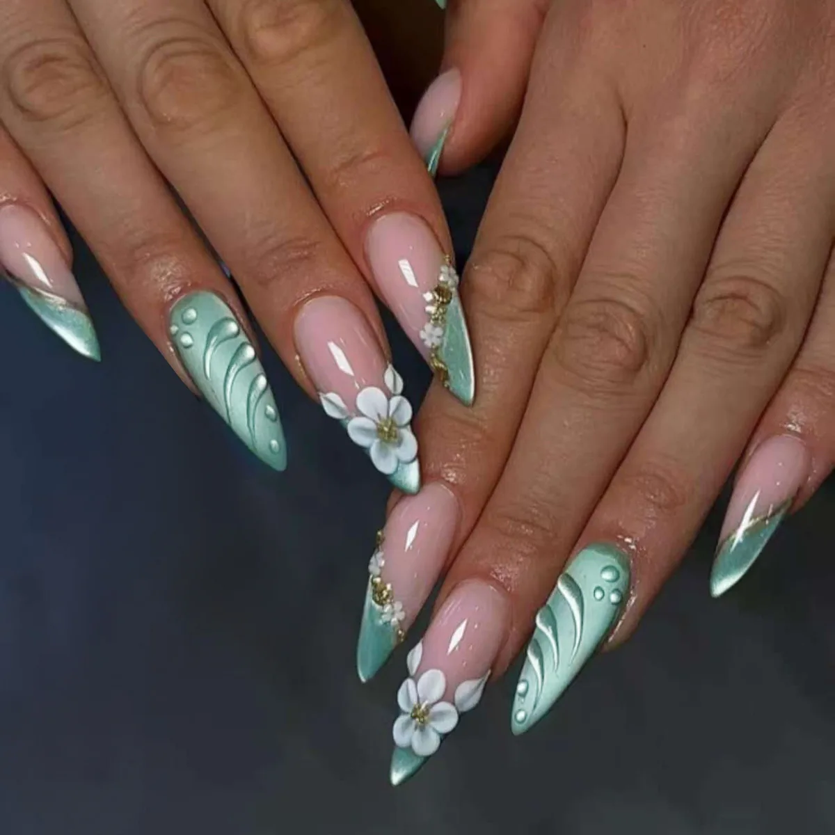 24pcs Flower Shell Stick on False Nail French Green Cat's Eye Stiletto Fake Nails Tips Long Almond Wearable Press on Nails Sets