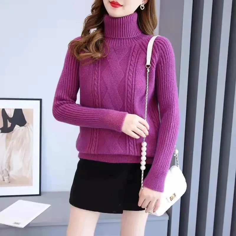 Autumn And Winter New Fashion Highnecked Thick Sweater Ladies Slim Solid Color Joker Knit Loose Comfortable Warm Bottoming Shirt
