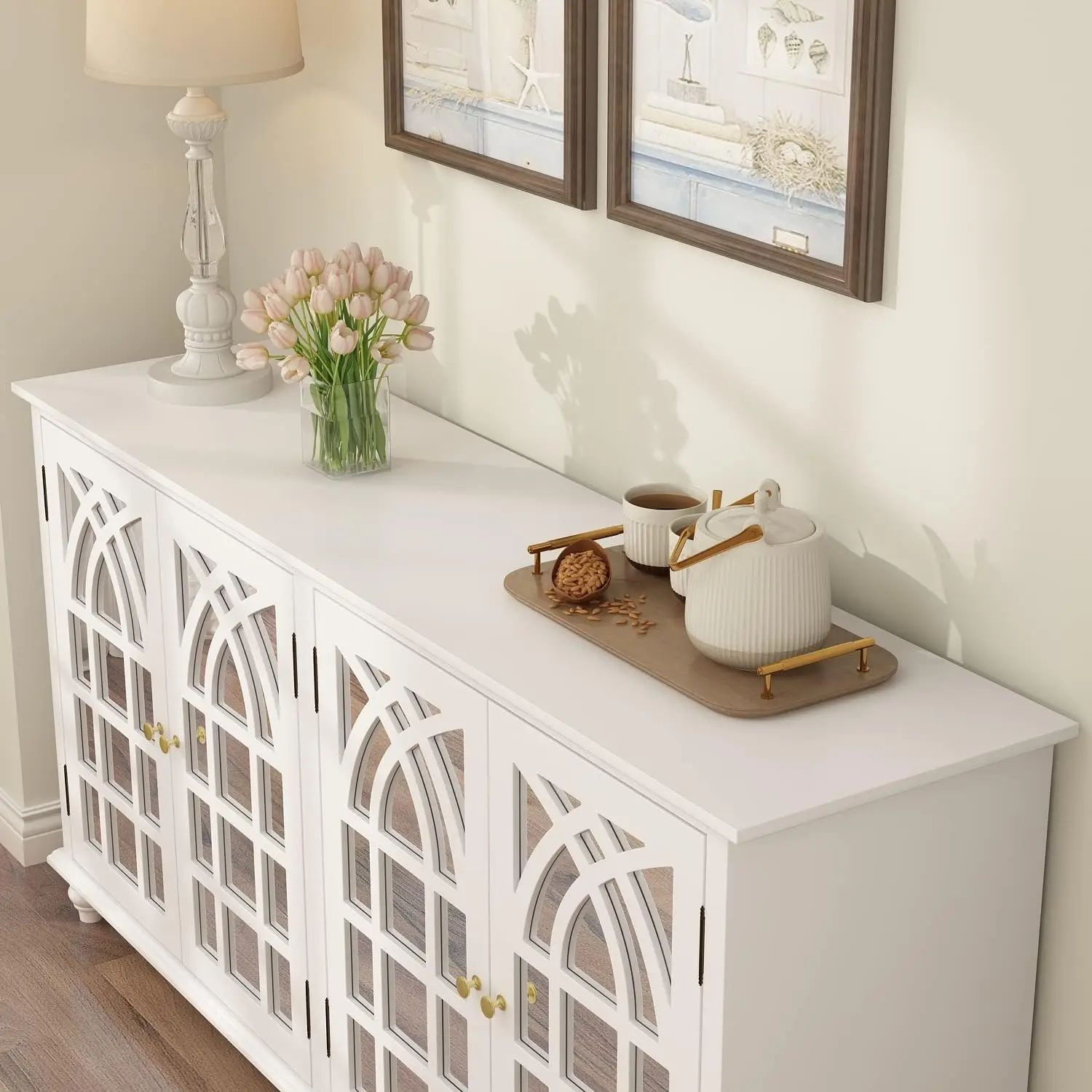 Sideboard Buffet Cabinet with 4 Storage Compartments & 4 Carved Mirror Doors, Kitchen Console Table Storage Cabinet Coffee