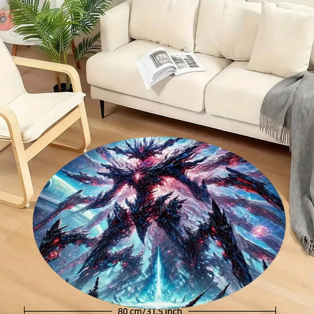 Cosmic Monster Round Rug Flannel Sci Fi Fantasy Floor Mat Gaming Room Decor Alien Creature Galaxy Background Soft Carpet view 3