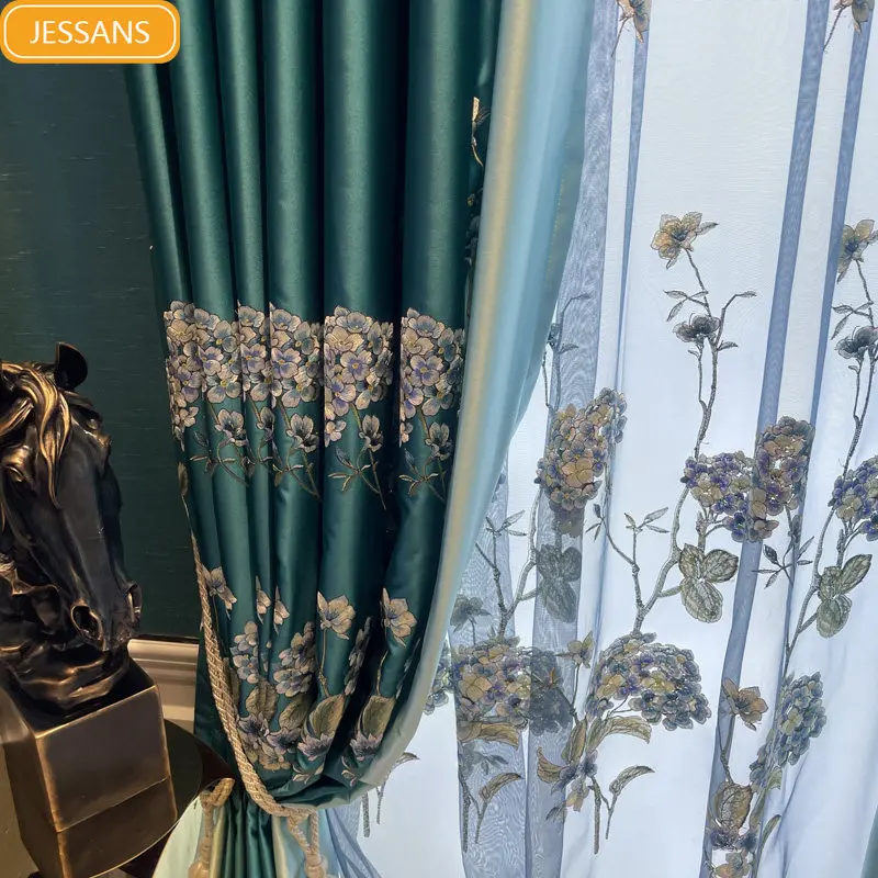 New Chinese Blue-green Embroidered Patched Curtains for Living Room Bedroom French Window Balcony Customized Products