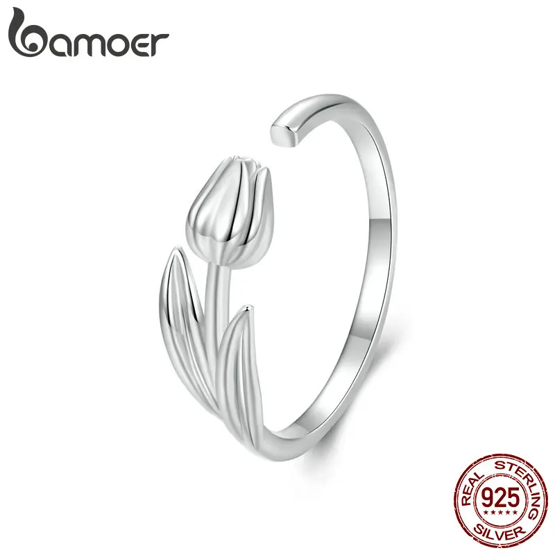 BAMOER Solid 925 Sterling Silver Adjustable Tulip Flower Rings Handmade High Polished Thumb Band Statement Ring for Women Girls