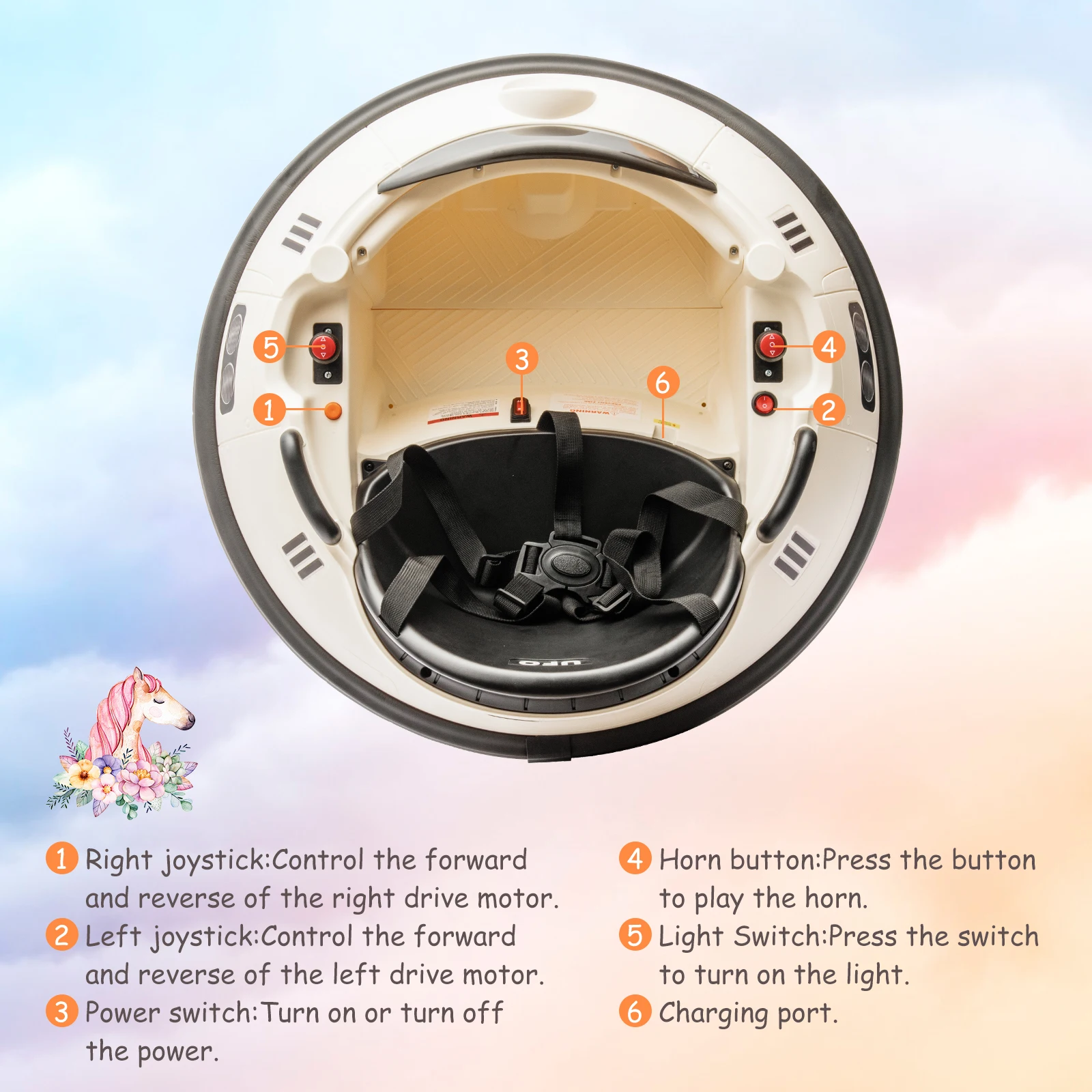 รถยนต์กันชนไฟฟ้าสำหรับเด็ก 12V พร้อมรีโมทคอนโทรล ของเล่นขี่สำหรับเด็กเล็ก หมุนได้ 360 องศา °   ล้อหมุน, ไฟ LED, เข็มขัดนิรภัย