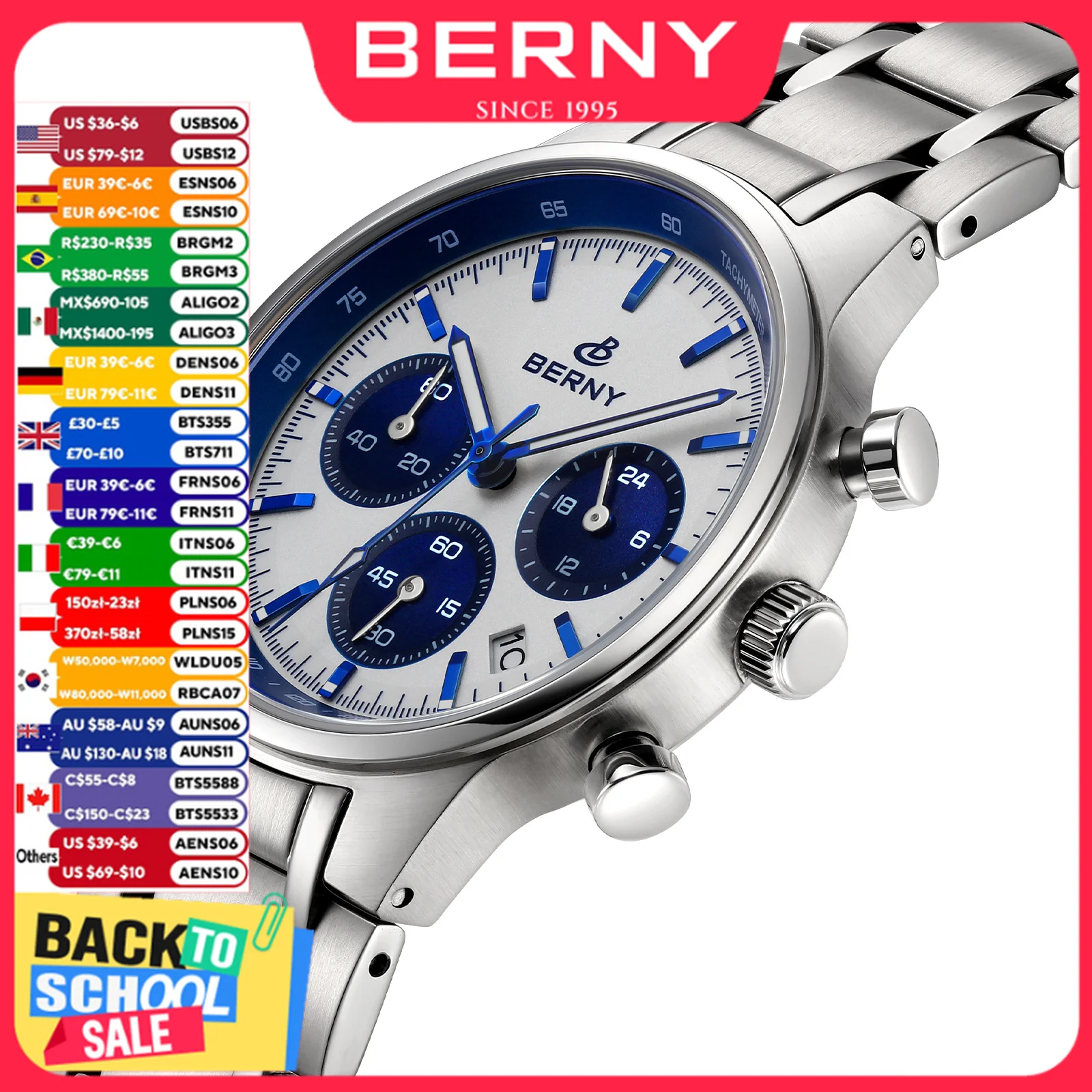 BERNY Top Herren-Chronographenuhren, Quarz-Armbanduhren, Saphir-Edelstahl, wasserdicht, modische Panda-Zifferblattuhren für Herren