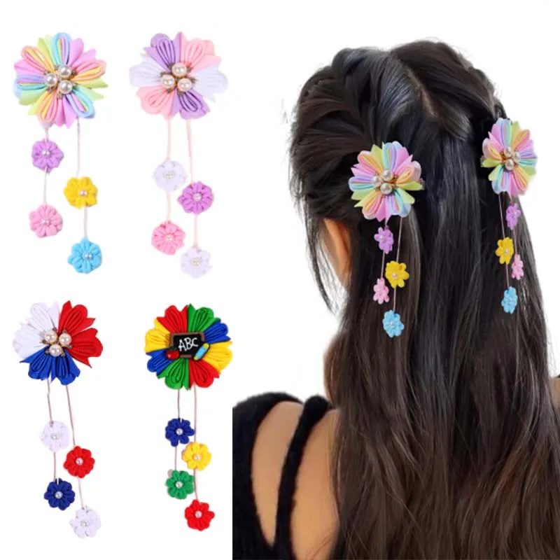 

ncmama 2Pcs New Flower Pearl Hair Clips Cartoon Flower Tassel Pendant Hairpin Back To School Hair Accessories Festive Hheadwear