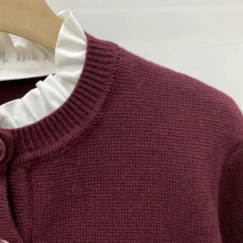 

Knitted cardigan Wine red jacket short style detachable fungus collar elegant commuting S home 2024 autumn new style 5240180