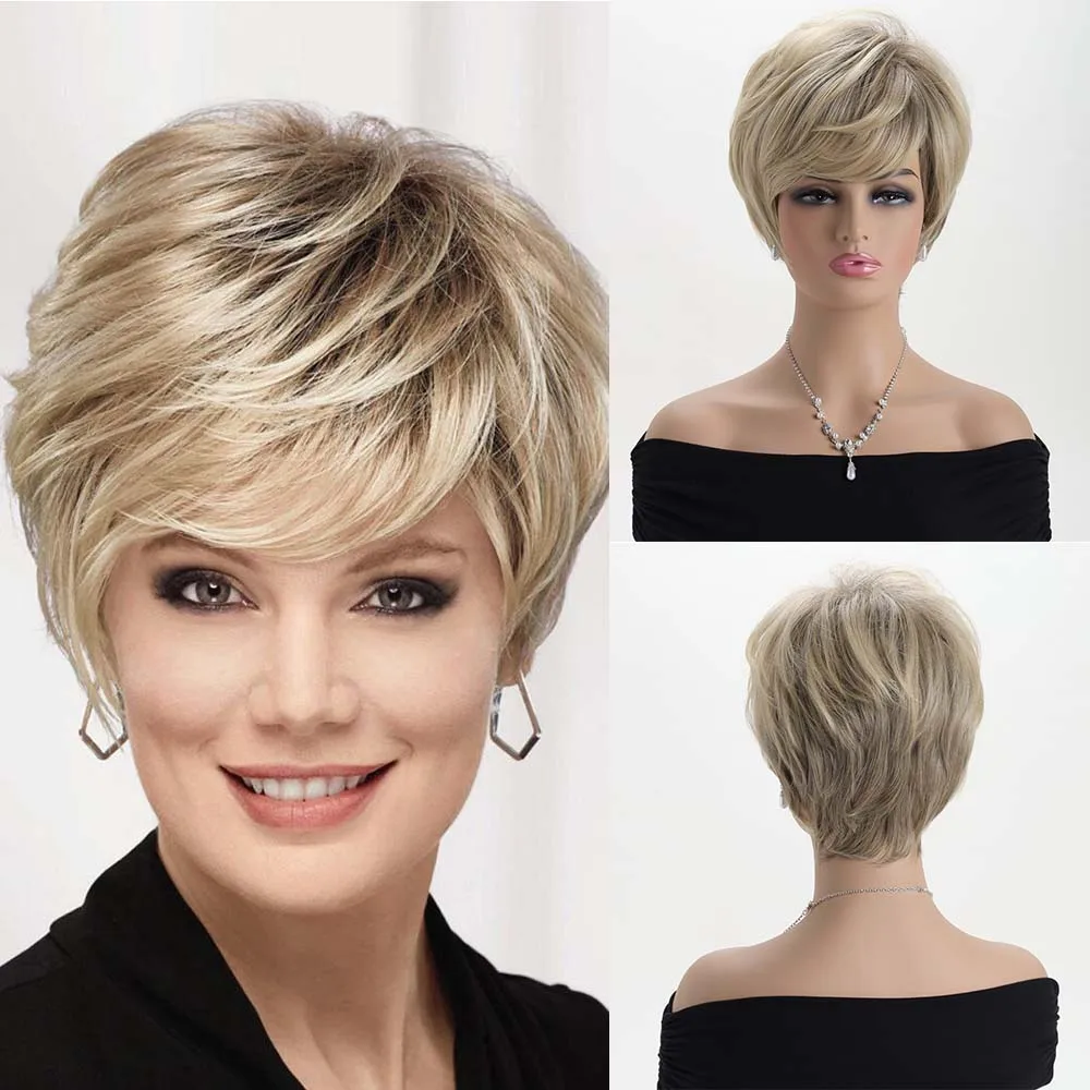 

Synthetic Short Pixie Cut Wig Blonde Wigs with Side Bang Ombre Wig for Women Daily Wear Realistic Fake Hair