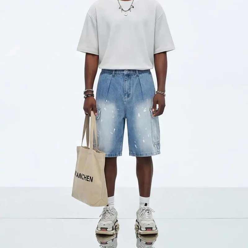 2026 Summer Denim Shorts Men's Thin Lightweight Straight Leg Loose Knee-Length Trousers Trendy Style Splash Paint Print Streetwe