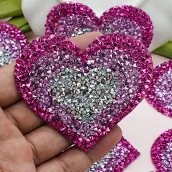 3Pcs Pink Yellow Blue Heart Rhinestone Patches Applique Iron on Glitter Shiny Repair For Clothing Jeans Decoration 6.8*6.3CM