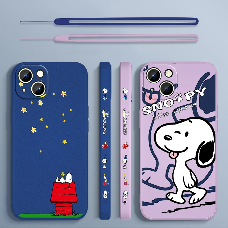 S-Snoopys Anime Cute Art For Apple iPhone 15 14 13 12 11 XS XR X 8 7 Pro Max Plus Mini Liquid Left Rope Phone Case