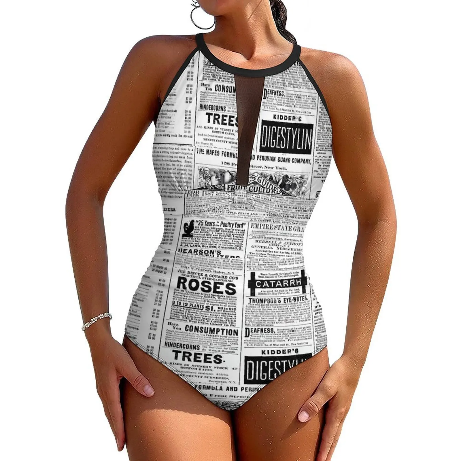 Old Newspaper Swimsuit Sexy Retro Letter Print Lady Swimwear One Piece Aesthetic Swimsuits Sport Push Up High Cut Bathing Suits