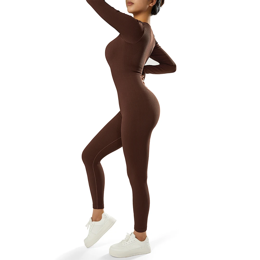 RUUHEE One Piece Jumpsuits Yoga Sets Bodysuit Women Tummy Control Fitness Workout  Tracksuit Ribbed Long Sleeve Sportswear Women