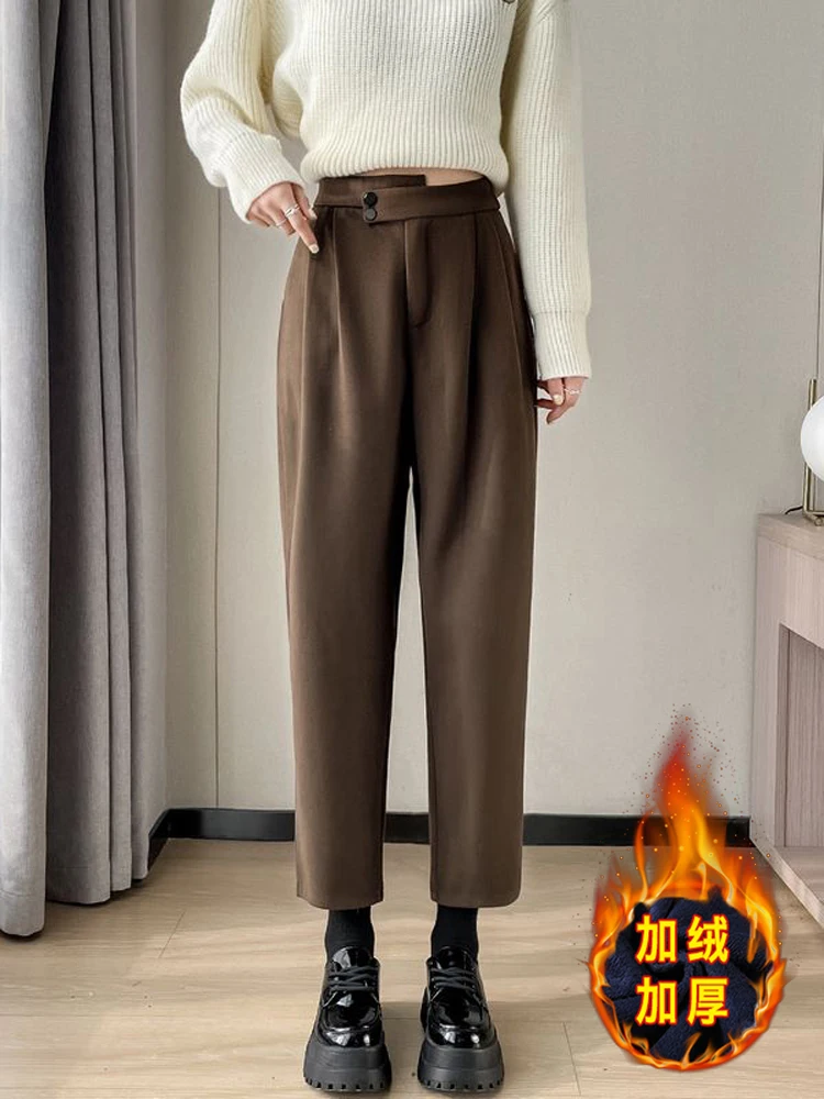 

Women's autumn and winter high waisted velvet and thick woolen suit pants slimming straight tube commute versatile pants