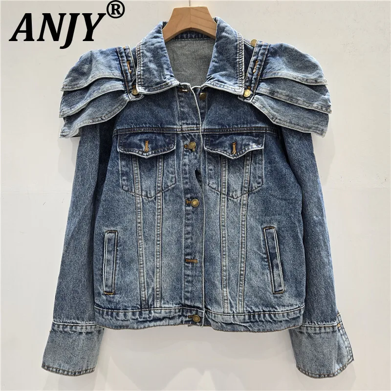 

ANJY Autumn Winter Women Fashion Vintage Detachable Shoulder Pad Denim Short Jacket Korean Simple Versatile Slimming Coat A15200