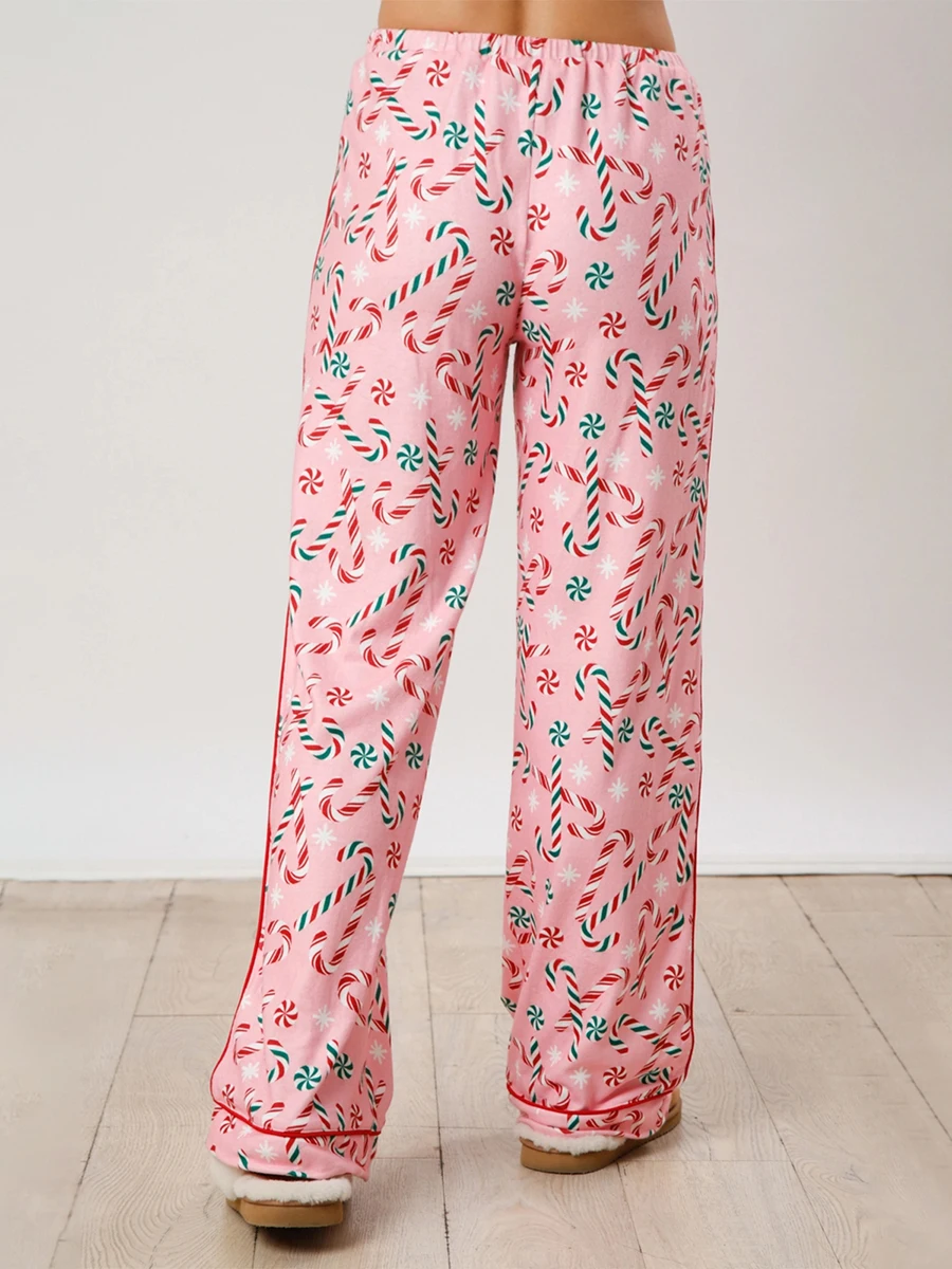Women s 2 Piece Lounge Set Long Sleeve Candy Cane Santa Claus Print Shirt Wide Leg Pants Sleepwear Sets