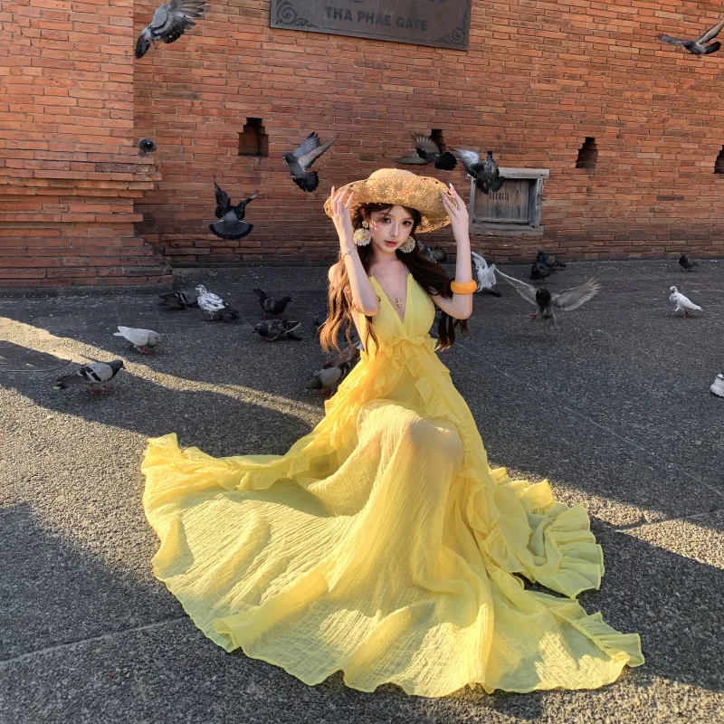 

2026 Vacation Style Summer New Bright Solid Color Suspender Slim Fit Slit Backless Long Dress for Women