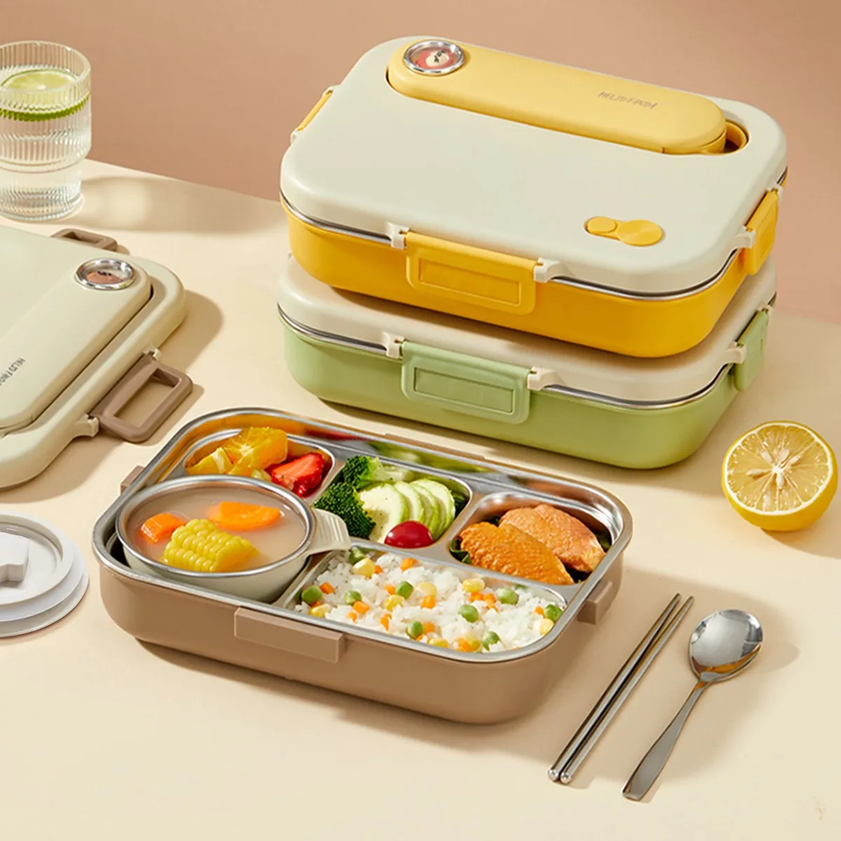 4/5 Grids Sealed Lunch Container With Bowl & Cutlery 304 Stainless Steel Divided Bento Lunch Box For Kids Student Microwave Safe