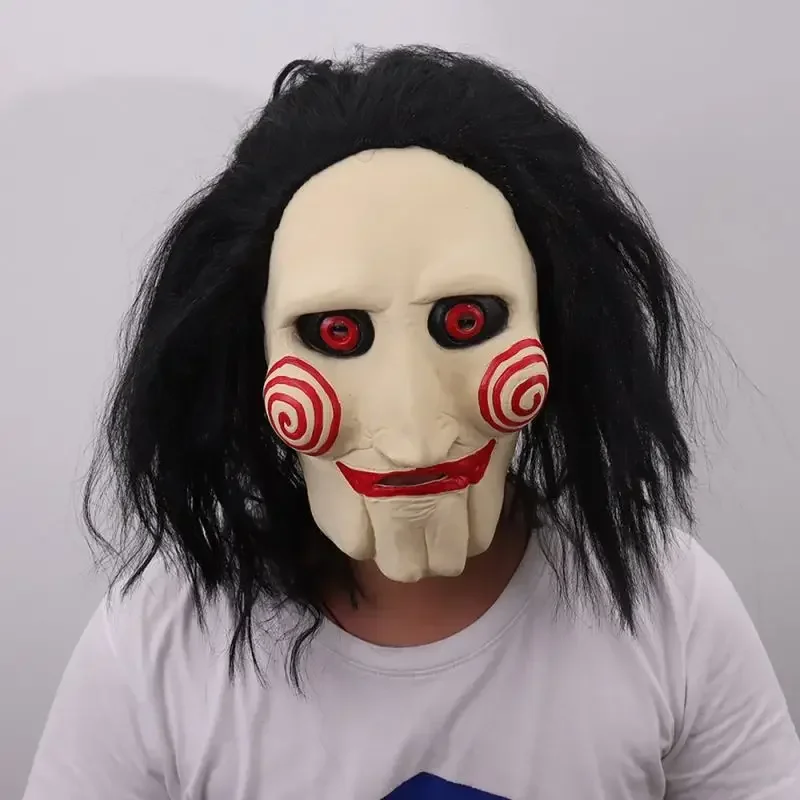 Movie Saw Chainsaw Massacre Jigsaw Puppet Masks with Wig Hair Latex Creepy Halloween Horror Scary Mask Unisex Party Cosplay Prop