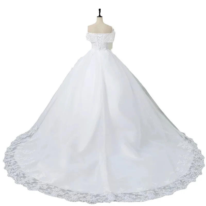 Es Yiiya vestido de novia blanco con apliques de perlas, hombros descubiertos, encaje, Princesa, largo hasta el suelo, talla grande, FH017