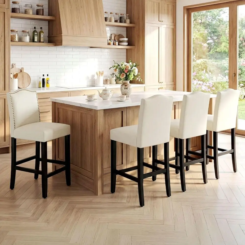 

Set of 4 Counter Height Bar Stools, 24.8 Upholstered Fabric Chairs, Bronze Nail Backrest, Solid Wood Legs, Beige