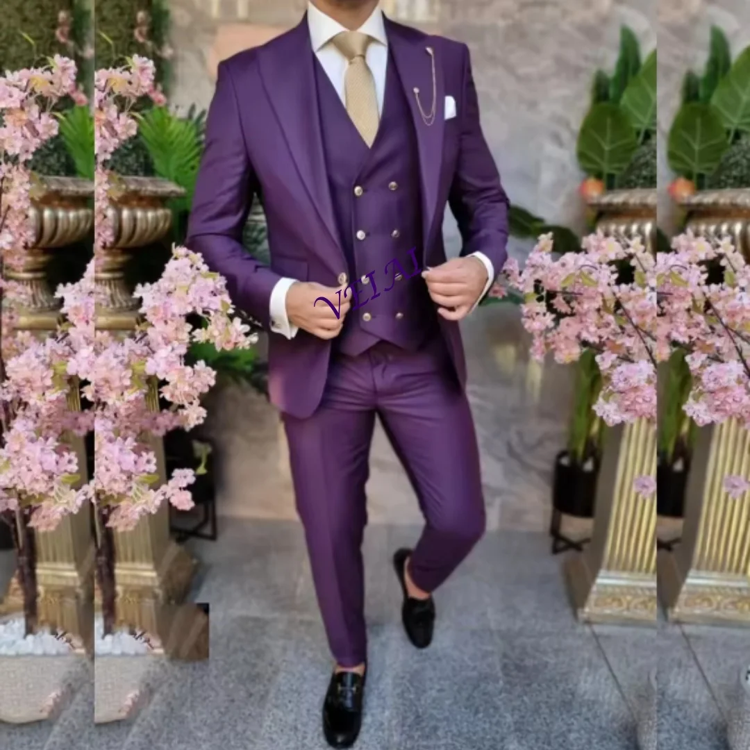 

CustomizedGorgeous Purple Men's Suits Single Breasted Peaked Lapel Slim Fit Flat Regular Length3 Piece Jacket Pants Vest Office