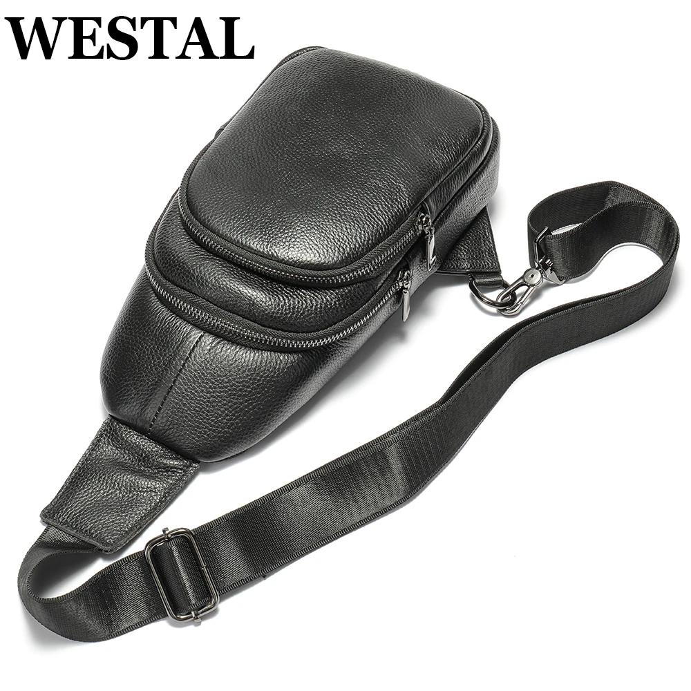 WESTAL Sling Bag Men Cowhide Leather Chest Packs Husband Crossbody Side Bags Male Phone Pouch Business Travel Shoulder Purse