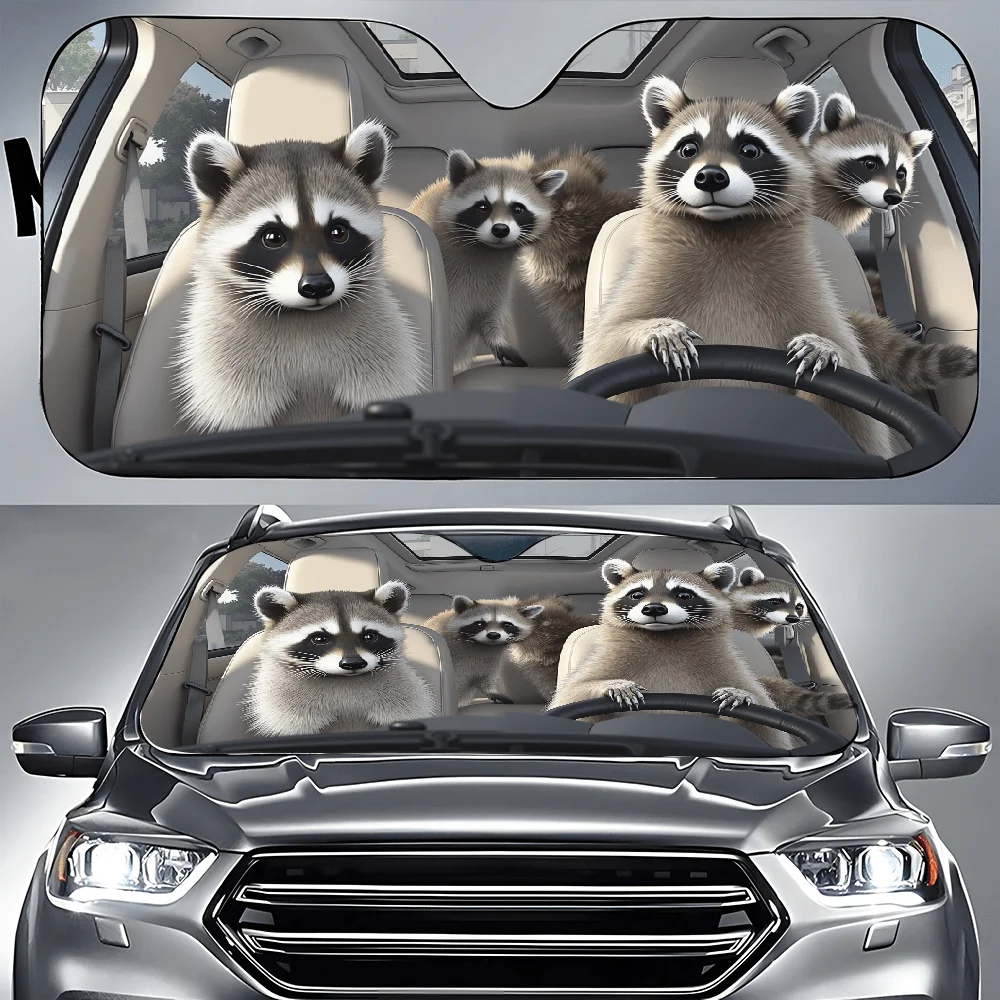 A Bunch Of Raccoons Are Lounging In The Rear Seat Of A Vehicle, Surrounded By Sunshades Designed For Cars, Including A Front Win