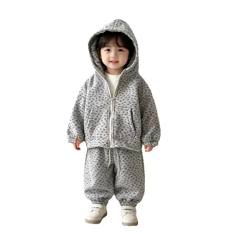 Girls Fleece Lined Sets Winter Autumn Children Thick Plus Velvet Warm Clothing Suit Kids Floral Sweatshirt Trousers 2 Pcs Outfit