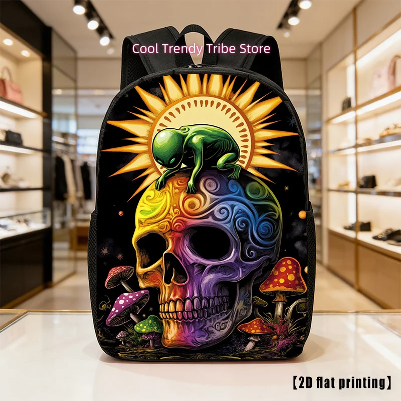 Alien Skull Backpack - Large-Capacity Unisex Hiking & Laptop Bag with Alien Skull Print, Adjustable Shoulder Straps & Side Pocke