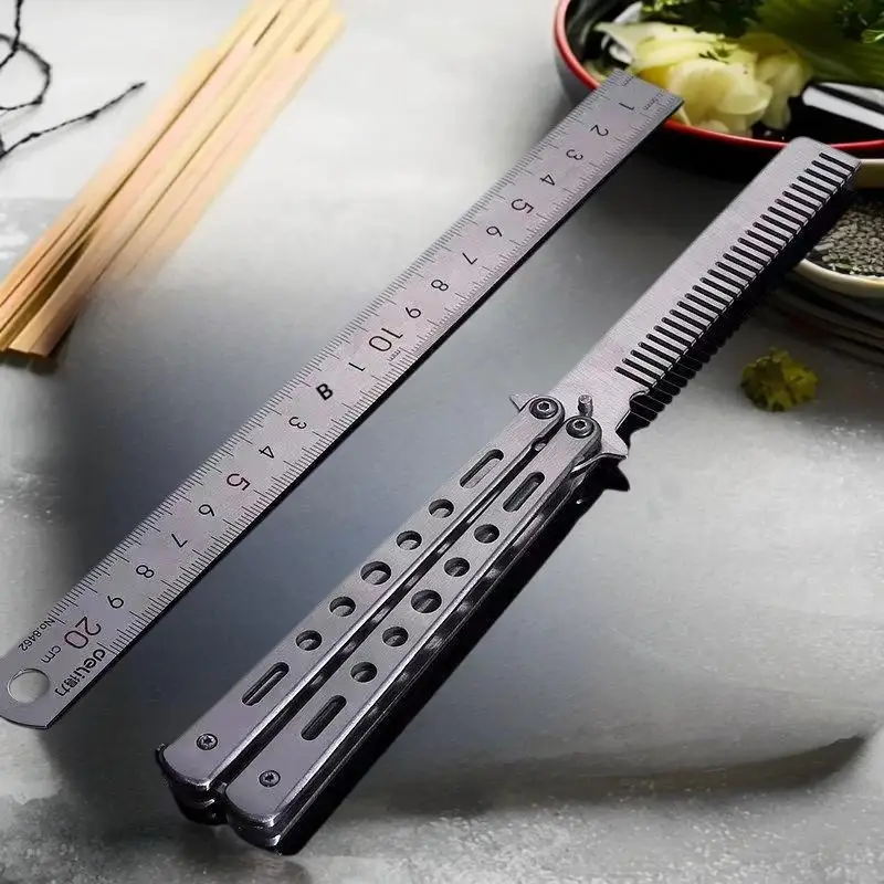 1Pcs Stainless Steel Practice Training Butterfly Knife Comb Beard Moustache Brush Salon Hairdressing Styling Tool Foldable Comb