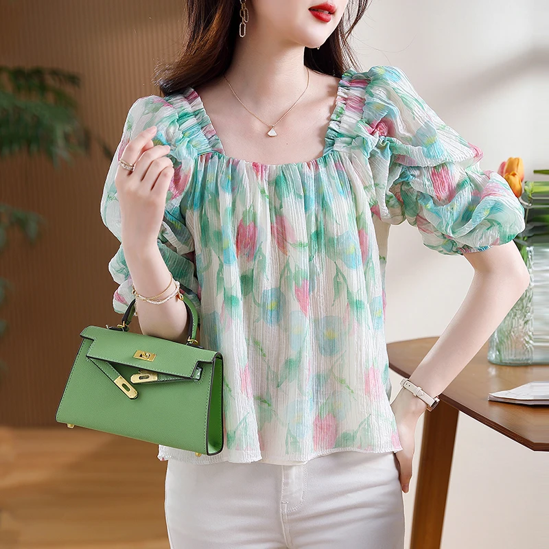 2024 Summer New Product Square Collar Fragmented Chiffon Sweetheart Girl Loose Doll Shirt Bubble Sleeves Short Sleeved Girl\'s To