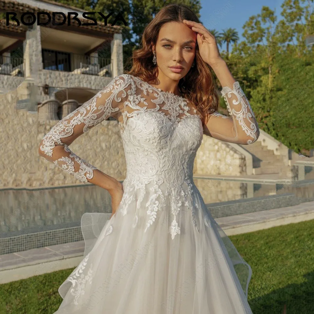 Roddsya clásico vestido de novia de cuello redondo y manga larga Apple vestido RODDRSYA-vestidos De novia clásicos De manga larga con cuello redondo, apliques De línea A, vestidos De novia hechos a medida, talla grande