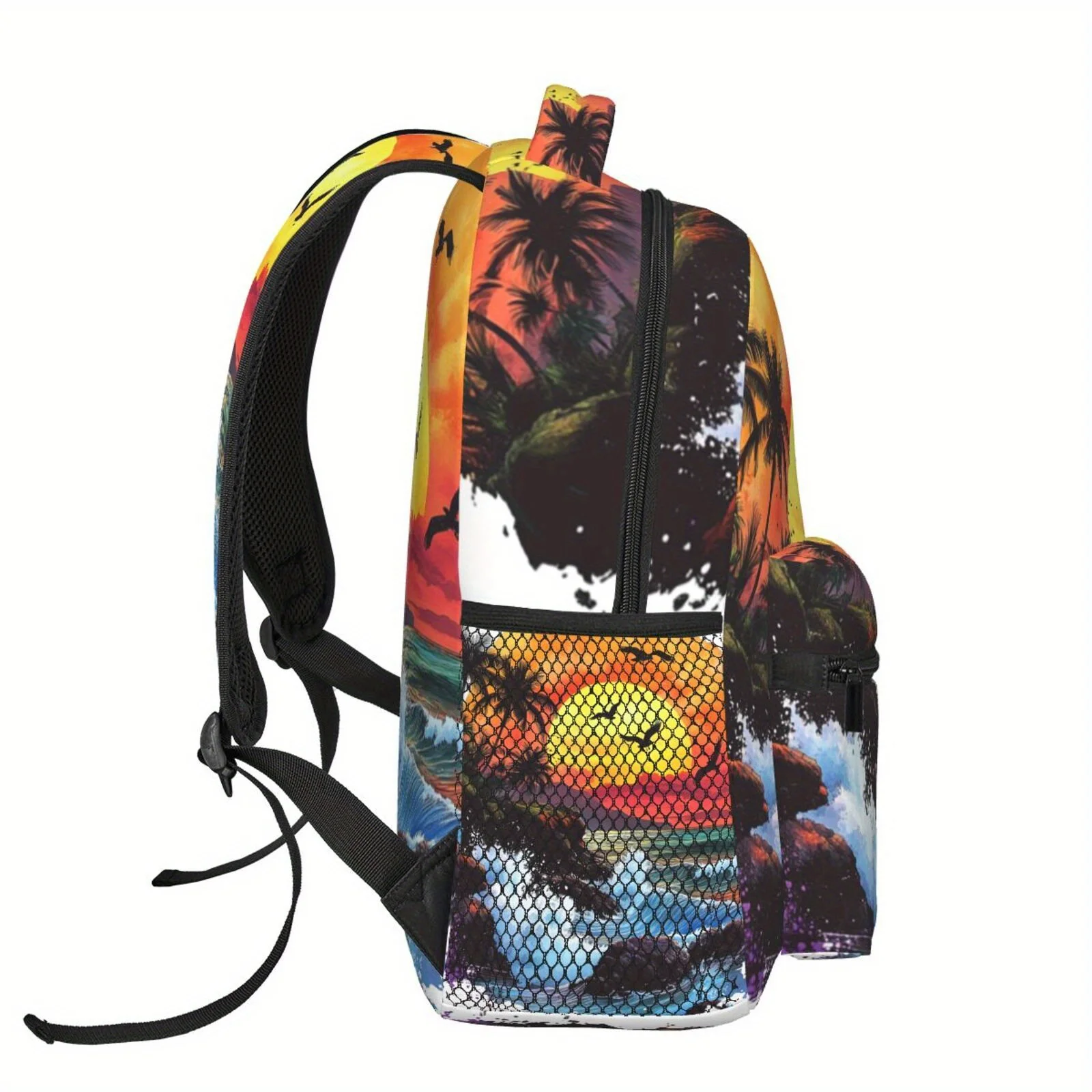 Sunset Beach Scene Backpack Vibrant Tropical Print with Palm Trees Waves and Birds Lightweight Multi-Functional Shoulder