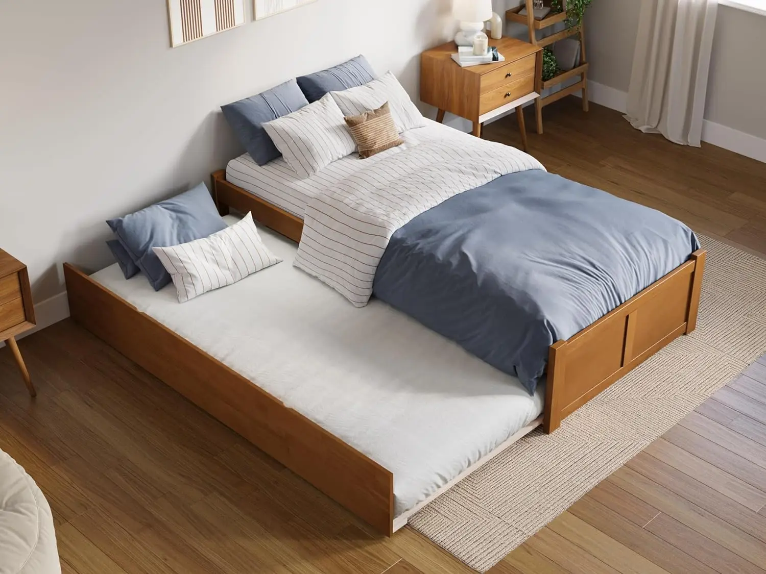 New Concord Twin XL Solid Wood Platform Bed with Footboard & Twin XL Trundle in Light Toffee