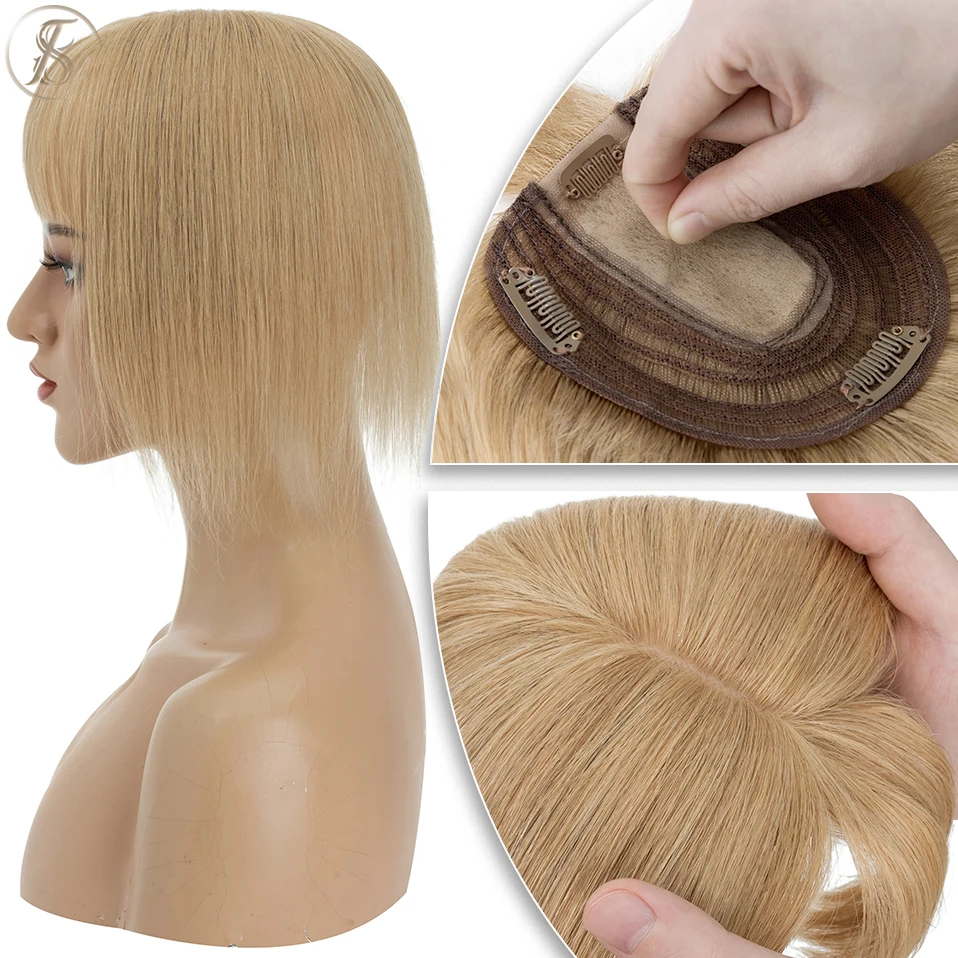 TESS Women Topper 10x12cm Hair Clips Hair Topper Natural Hair Wigs 100% Human Hair Silk Base Clip In Hair Extension Blonde Women